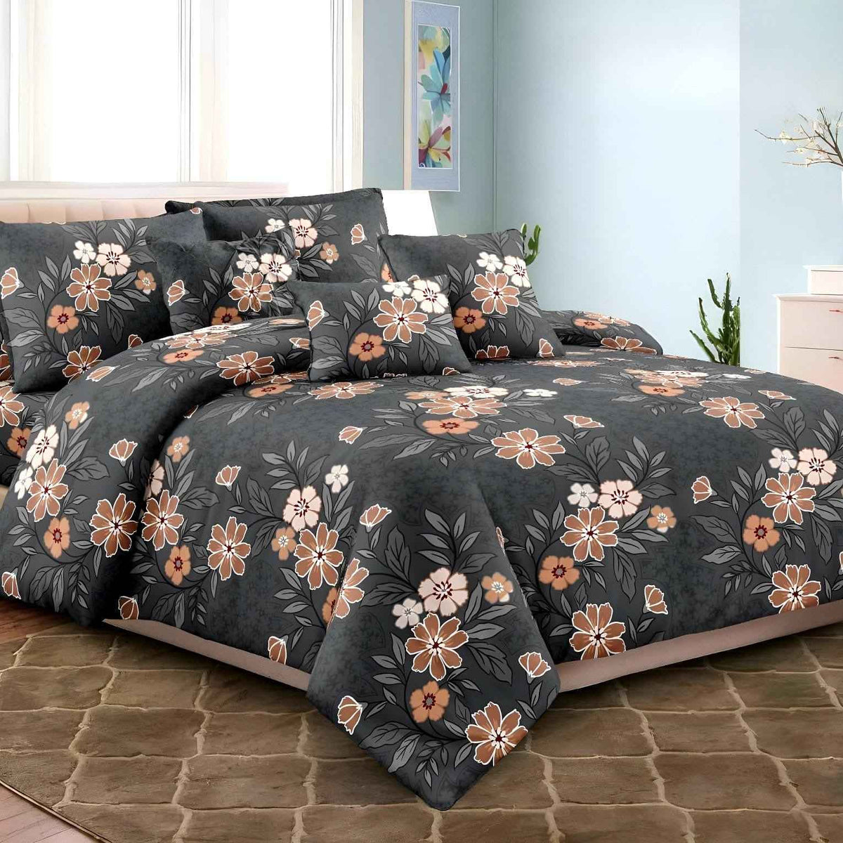 Grey Copper Geometric Diamond Bedsheet Set UAE | Luxury King Size Cotton Blend Bedding Dubai