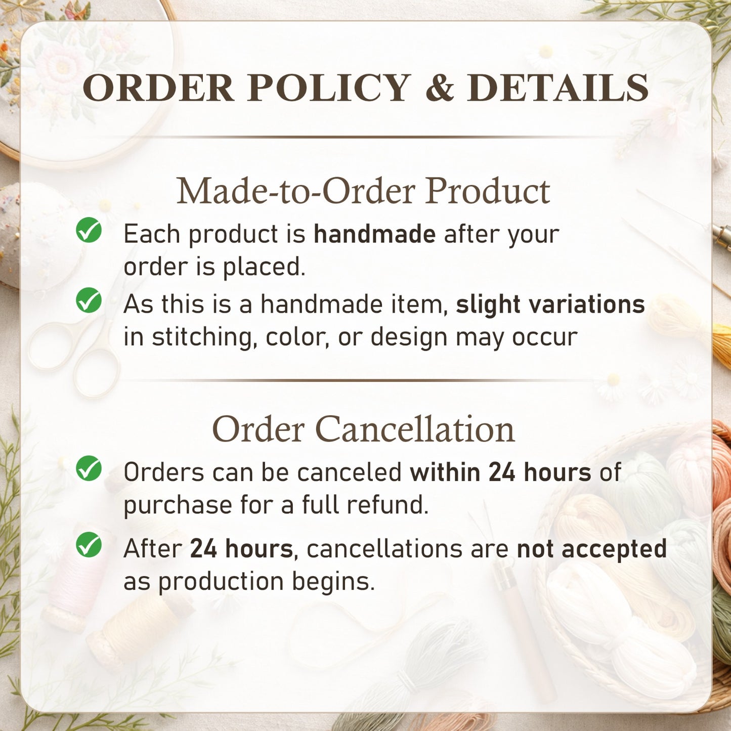 Order policy and details for a made-to-order product with floral background
