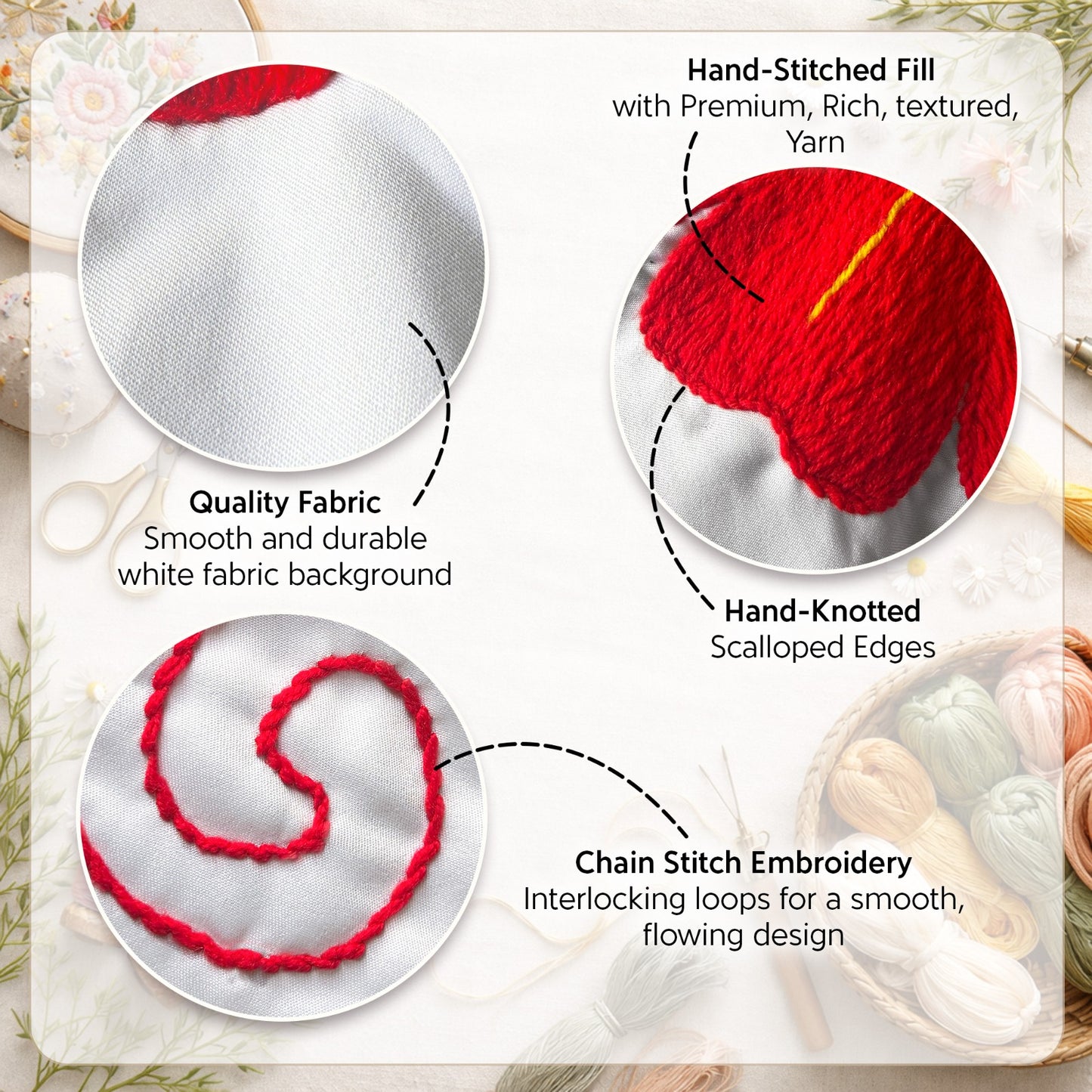 Textured fabric with hand-stitched fill, quality fabric background, hand-knotted edges, and chain stitch embroidery.