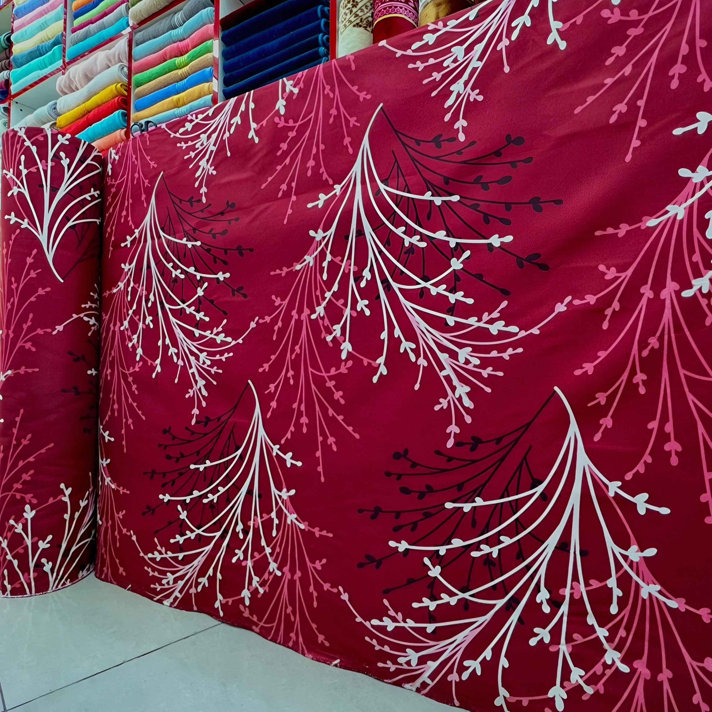 Red Bedsheet Roll Wholesale | Burgundy Leaf Print Cotton Blend Fabric - Julanar Home Decor