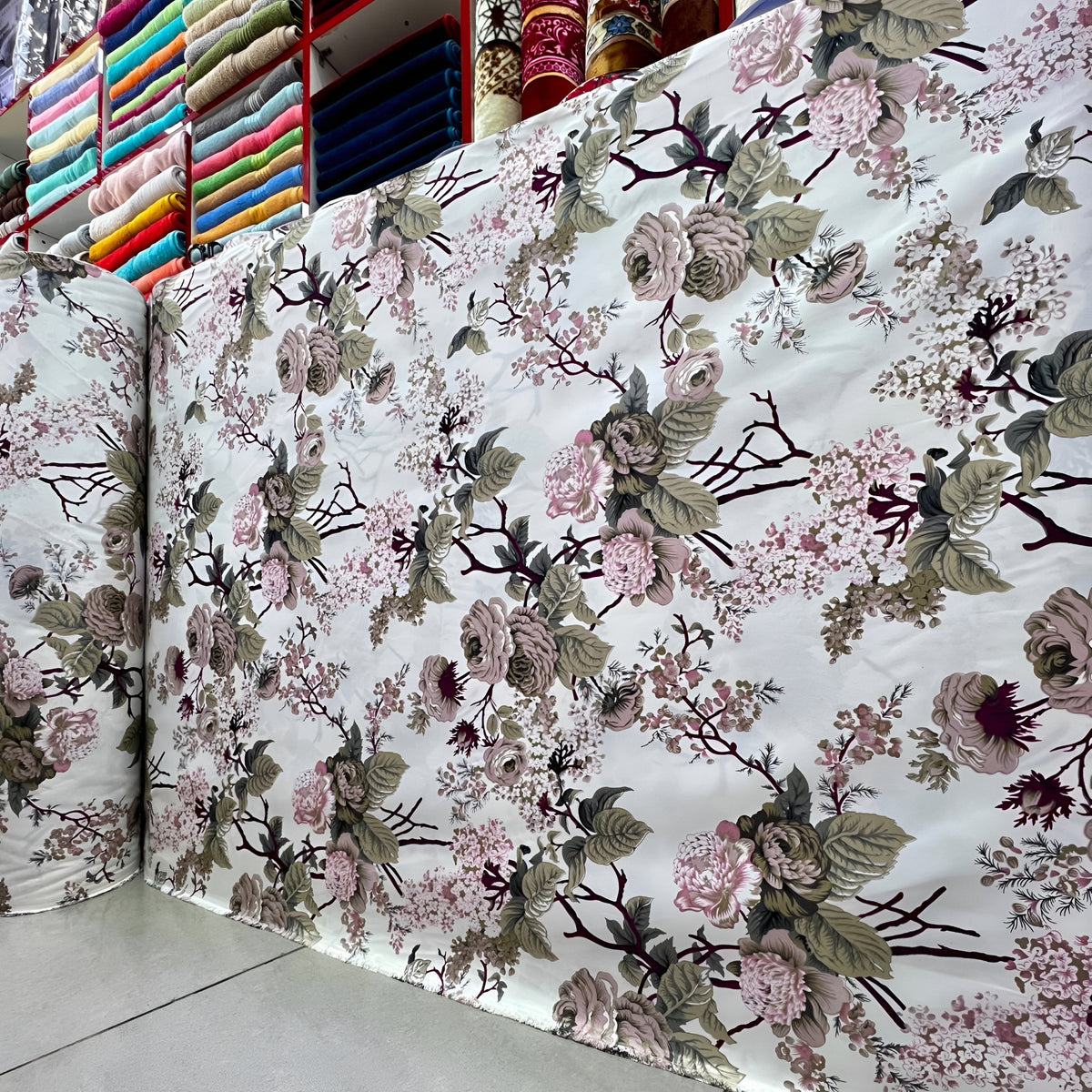 White floral rose botanical printed bedsheet fabric roll wholesale UAE — luxury bedding fabric Dubai | Julanar Home Decor