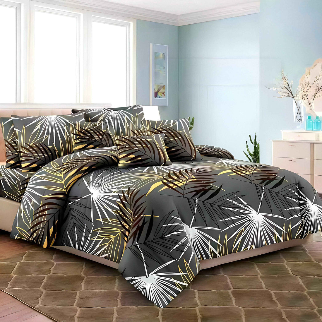 Luxury grey palm leaf printed bedding set styled in a modern UAE bedroom — Julanar Home Decor