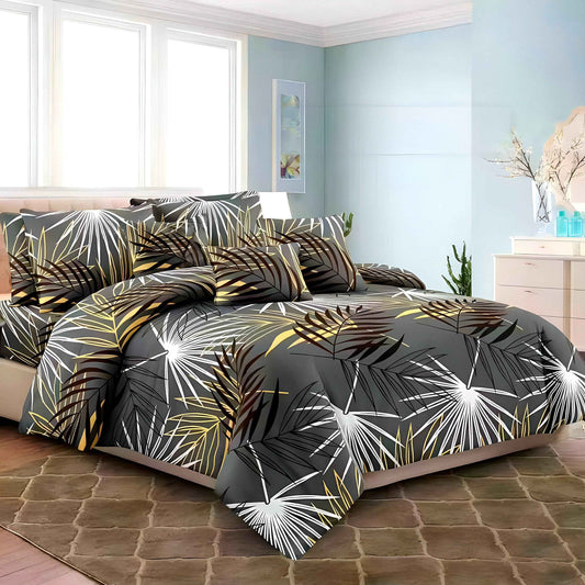 Luxury grey palm leaf printed bedding set styled in a modern UAE bedroom — Julanar Home Decor