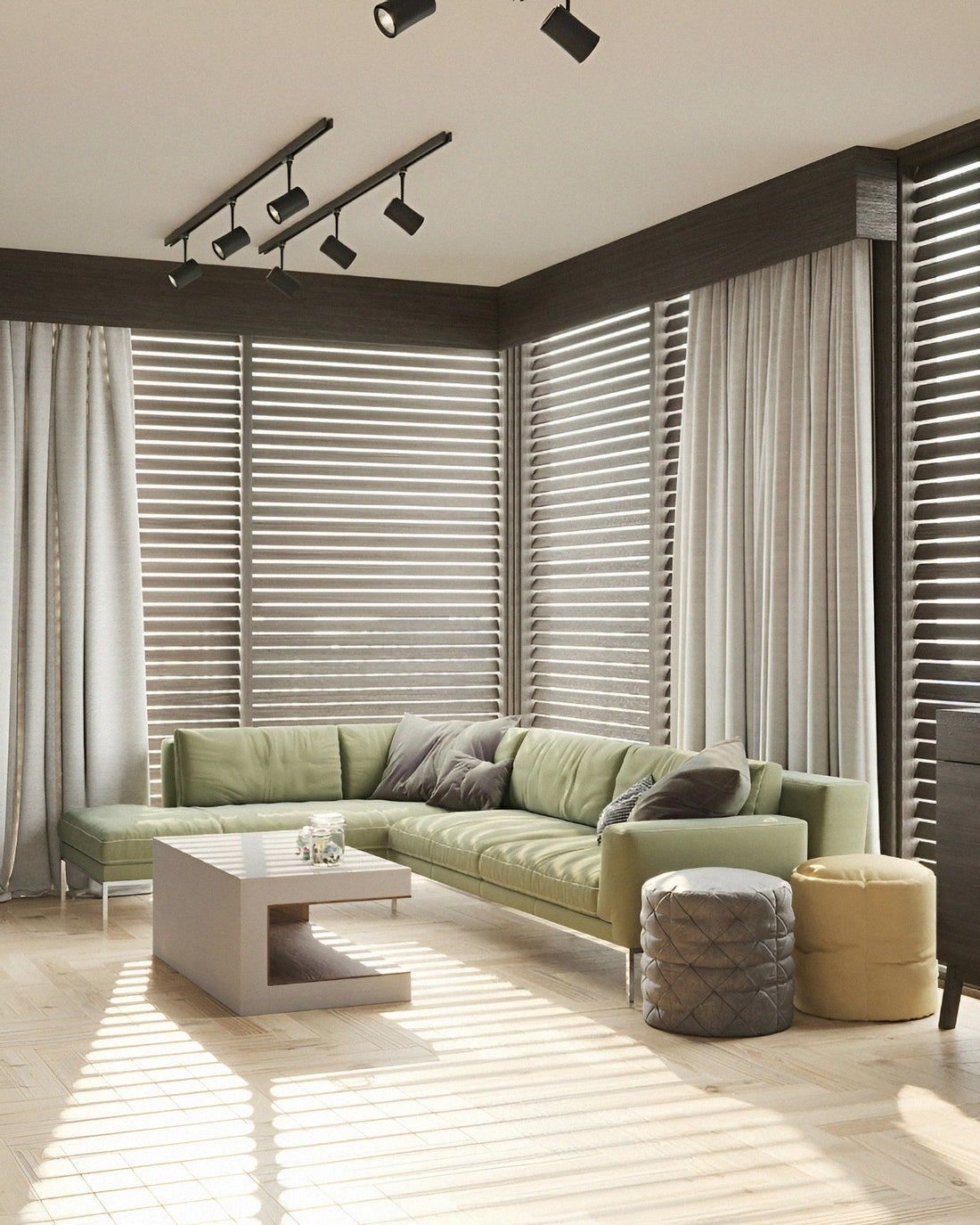 Modern living room interior with elegant roller blinds filtering natural sunlight through large windows