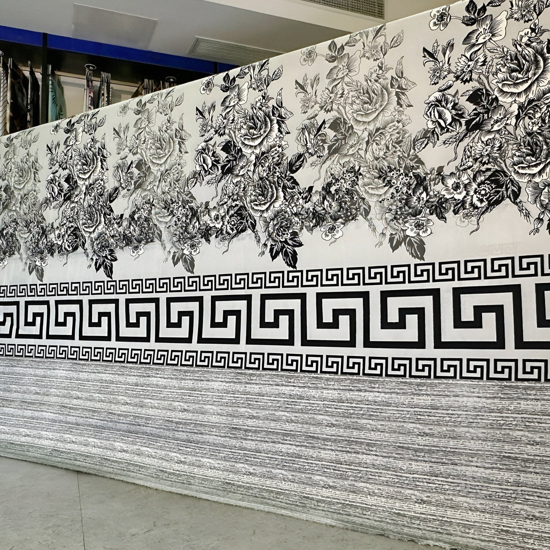 Luxury black and white floral bedsheet with Greek key border modern bedding design