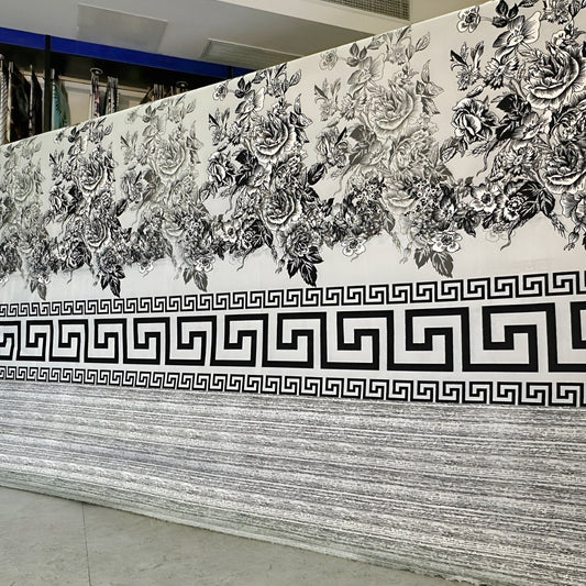 Luxury black and white floral bedsheet with Greek key border modern bedding design