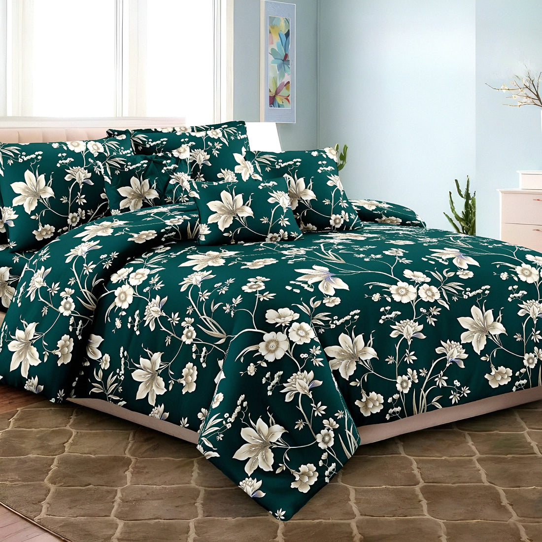 Luxury navy floral cotton bedsheet set for affordable luxury bedroom Dubai UAE | Julanar Home Decor
