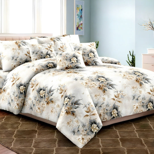 Julanar floral mix cotton bedsheet set with matching pillow covers styled in a modern bedroom.
