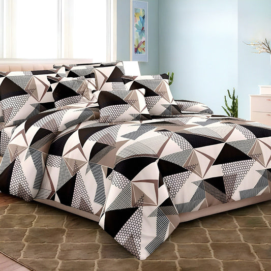 Black and beige geometric Julanar mix cotton bedsheet set styled in a modern bedroom in UAE