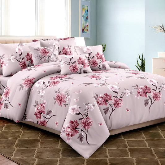 Luxury white floral bedsheet set with elegant botanical patterns styled in a modern bedroom