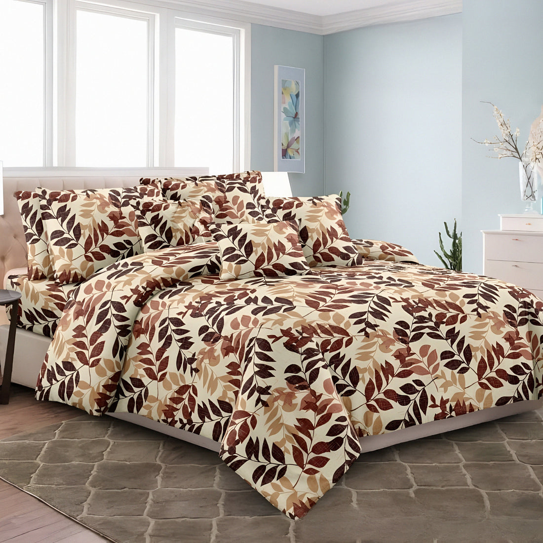 Leaf print luxury bedsheet set in warm tones – طقم ملاية بألوان دافئة بطبعة أوراق