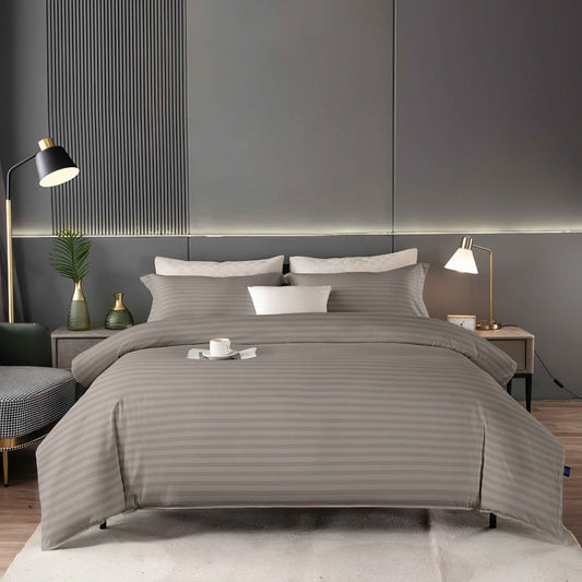 Luxury grey stripe fitted bedsheet set — hotel quality cotton bedding for UAE homes and villas | Julanar Home Decor
