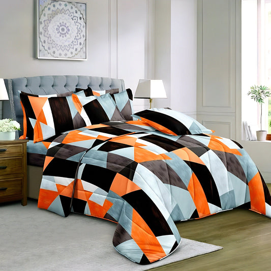 Orange geometric cotton bedsheet set on a modern bed with tufted headboard — Marjan3x, توصيل داخل الإمارات.