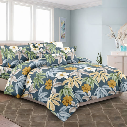 Blue tropical floral bedsheet with green and yellow leaf pattern مفرش سرير أزرق بنقشة استوائية