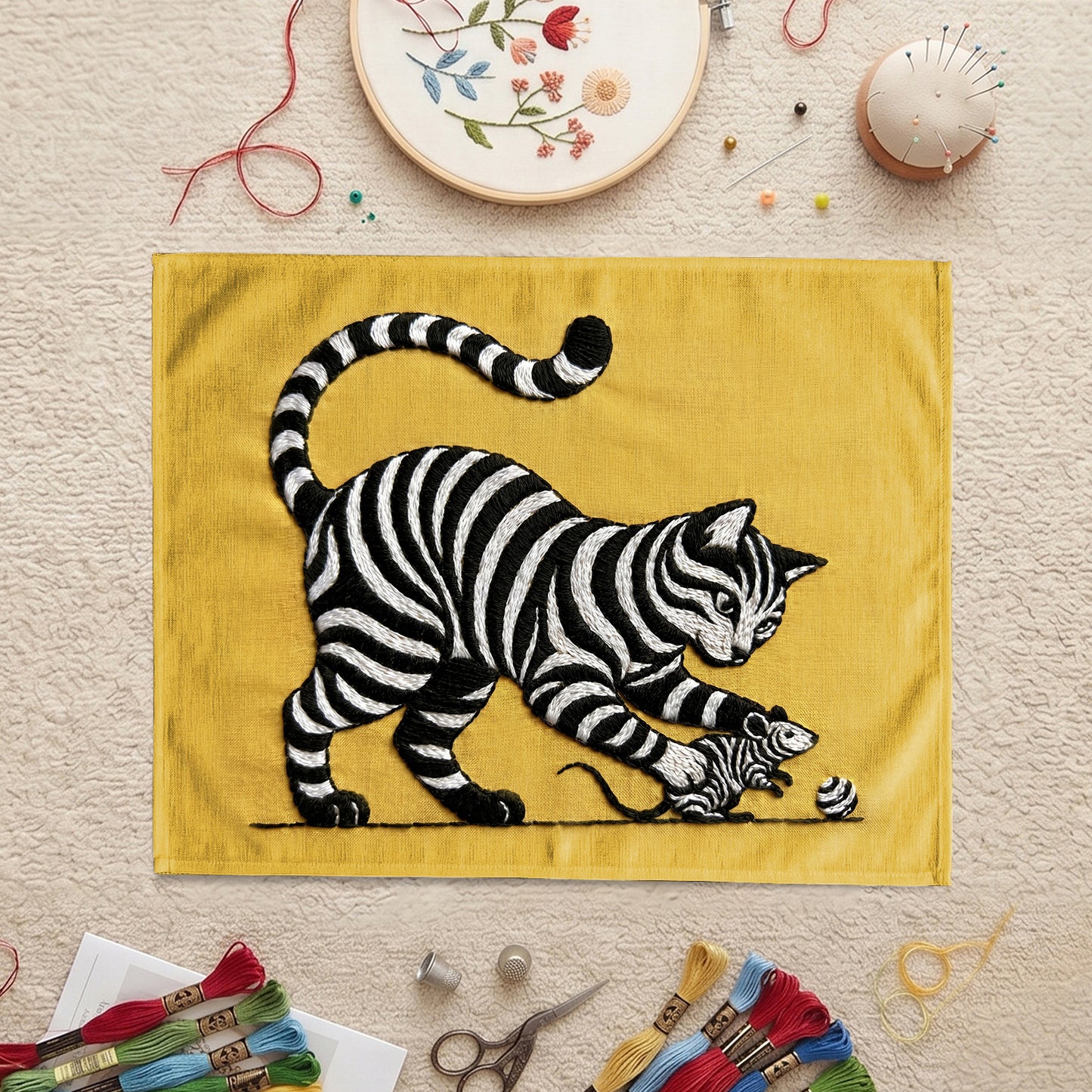 Unique cat-themed embroidered wall artwork suitable for living rooms and bedrooms in UAE.