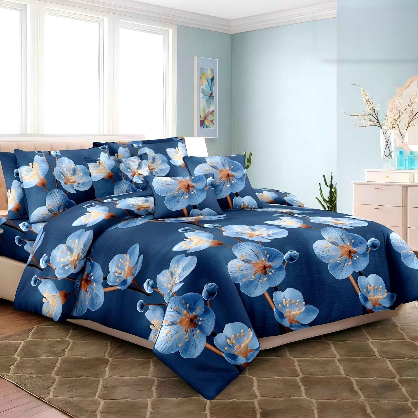 Luxury Navy Floral Cotton Bedsheet Set | Soft Bedding UAE