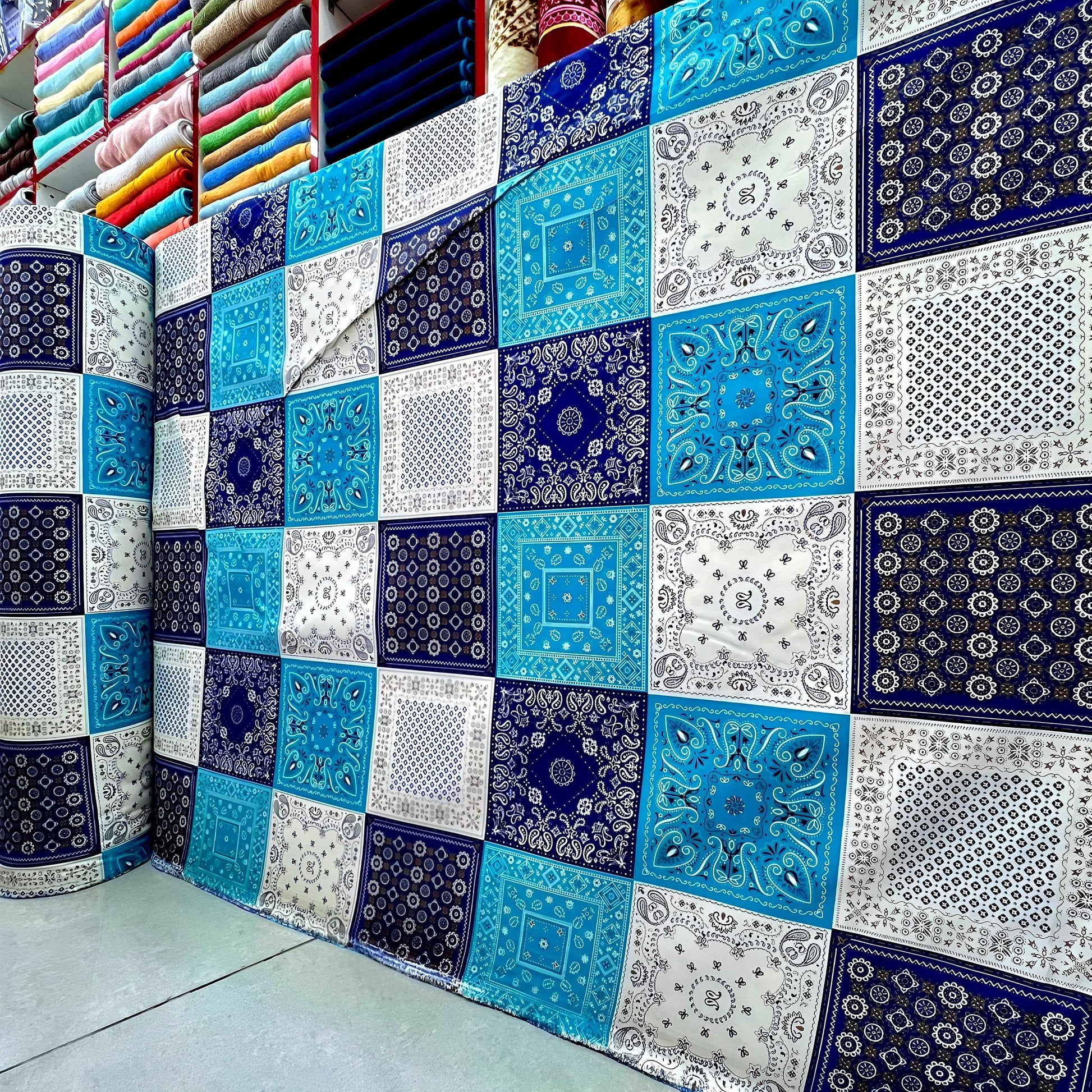 Blue Patchwork Bedsheet Roll Wholesale | Soft Cotton Fabric UAE
