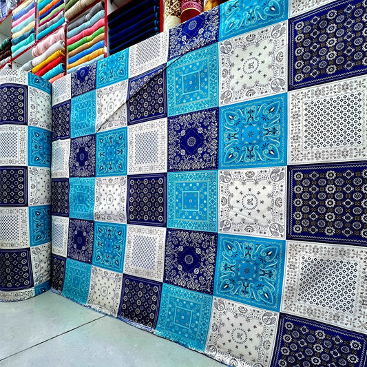 Blue Patchwork Bedsheet Roll Wholesale | Soft Cotton Fabric UAE