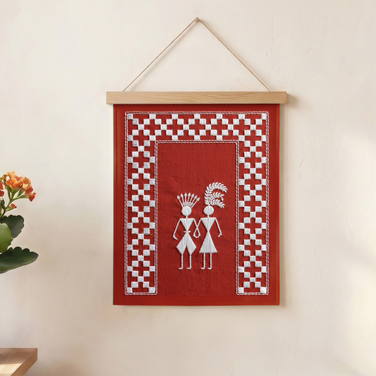 Tribal Embroidered Wall Art - Handcrafted Red Boho Decor - Julanar Home Decor