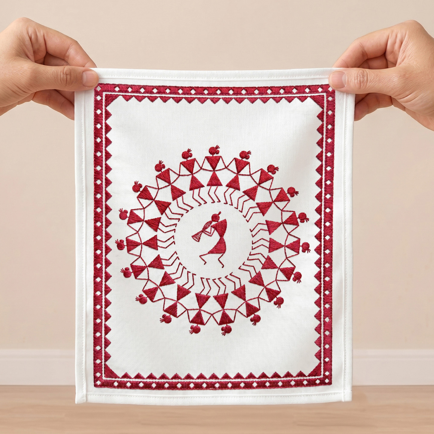 Traditional red tribal embroidered wall art with circular folk pattern and geometric border.