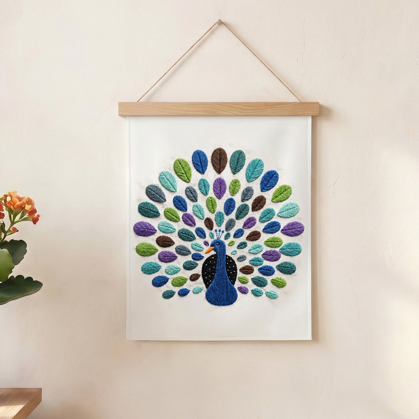Handmade peacock textile wall hanging featuring multicolor embroidered feathers for modern home decor.