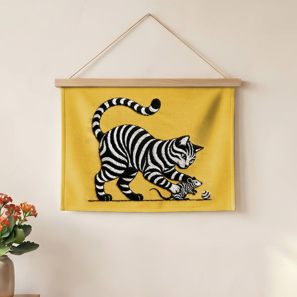 Zebra Cat Embroidered Wall Art - Unique Textile Décor for Your Space - Julanar Home Decor