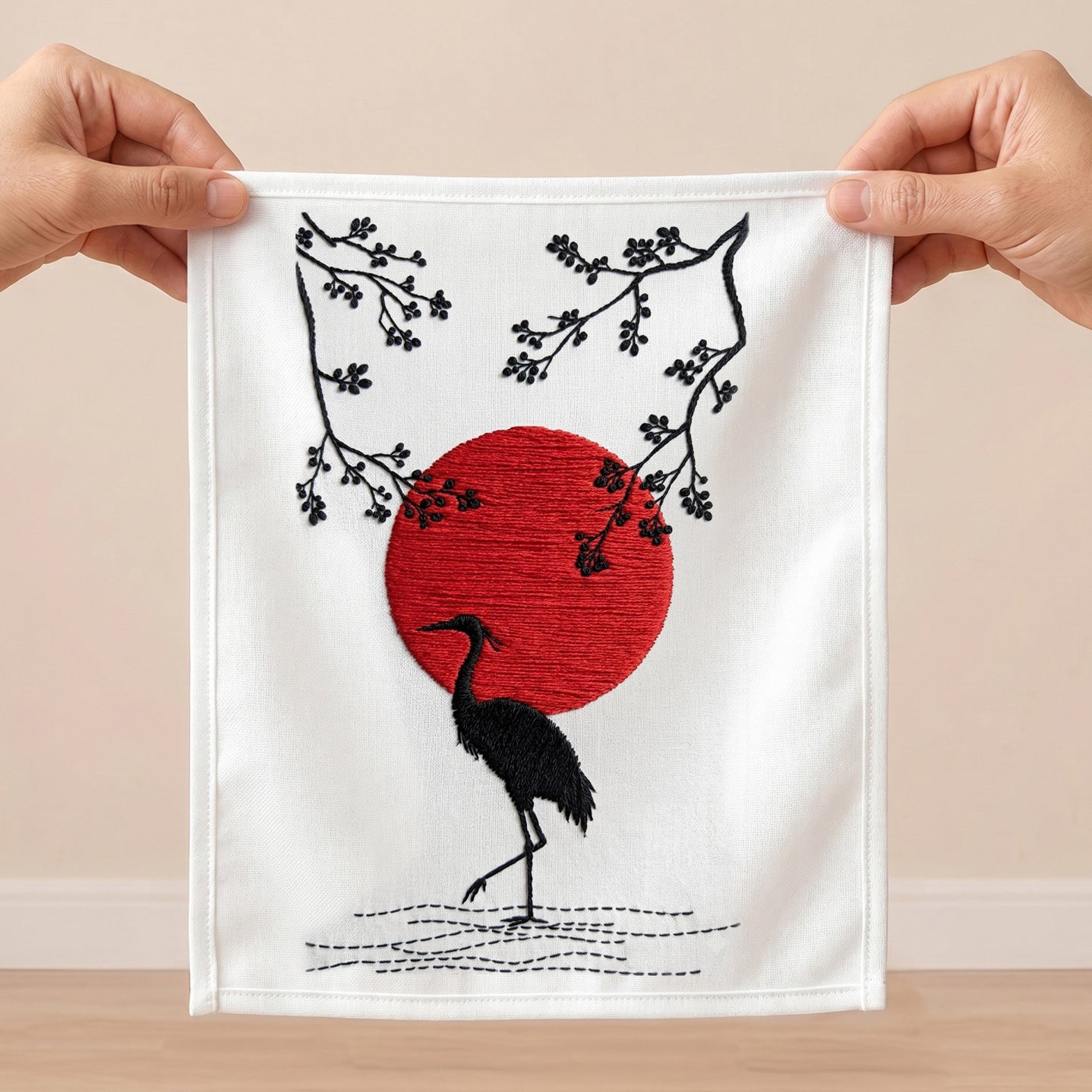 Elegant Crane Sunset Embroidered Wall Art – Modern Nature Canvas Decor UAE
