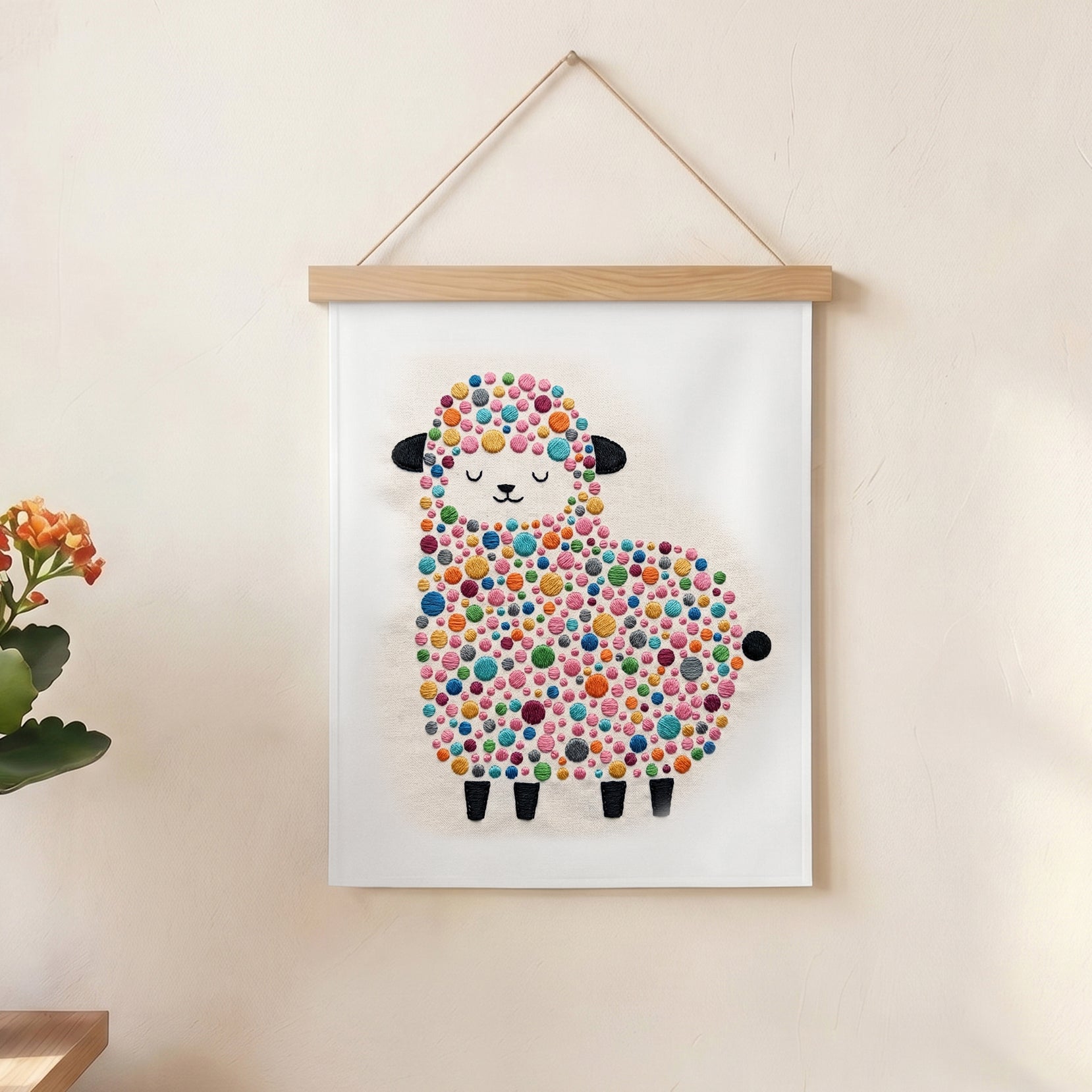 Handmade multicolor sheep wall hanging for baby nursery and children's bedroom decoration