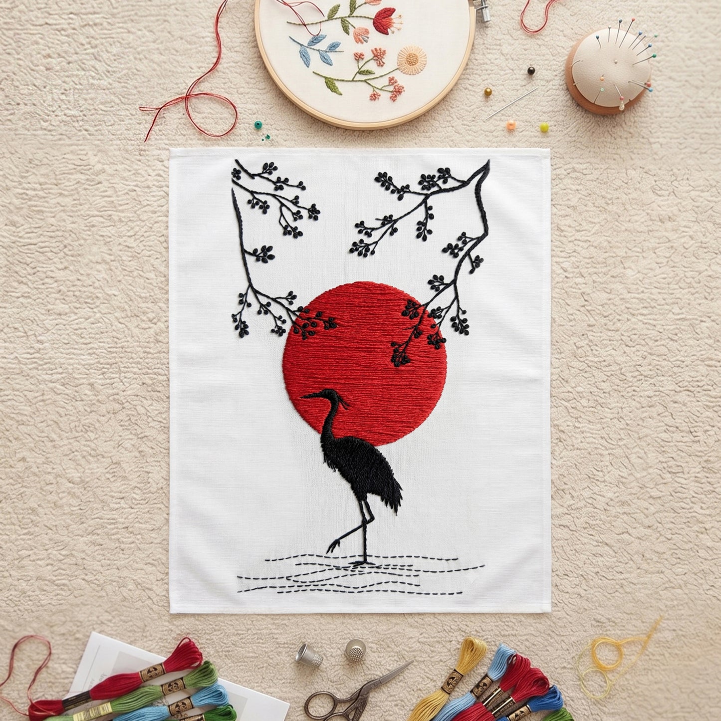 Elegant Crane Sunset Embroidered Wall Art – Modern Nature Canvas Decor UAE