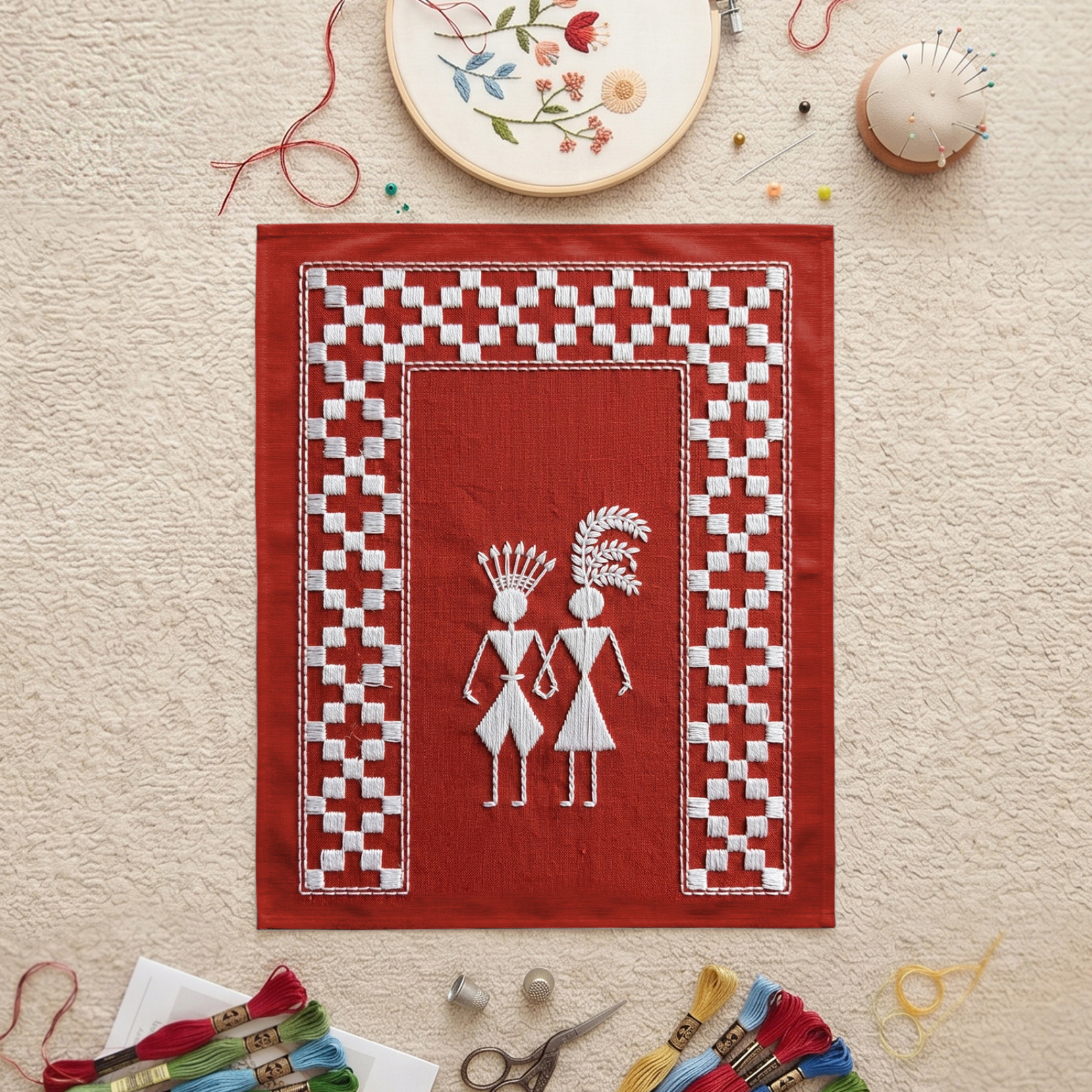 Tribal Embroidered Wall Art - Handcrafted Red Boho Decor - Julanar Home Decor