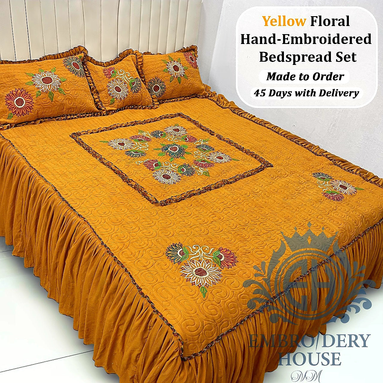 Floral Embroidered Bedding Set - Luxury Handcrafted Bedspread Set - Julanar Home Decor