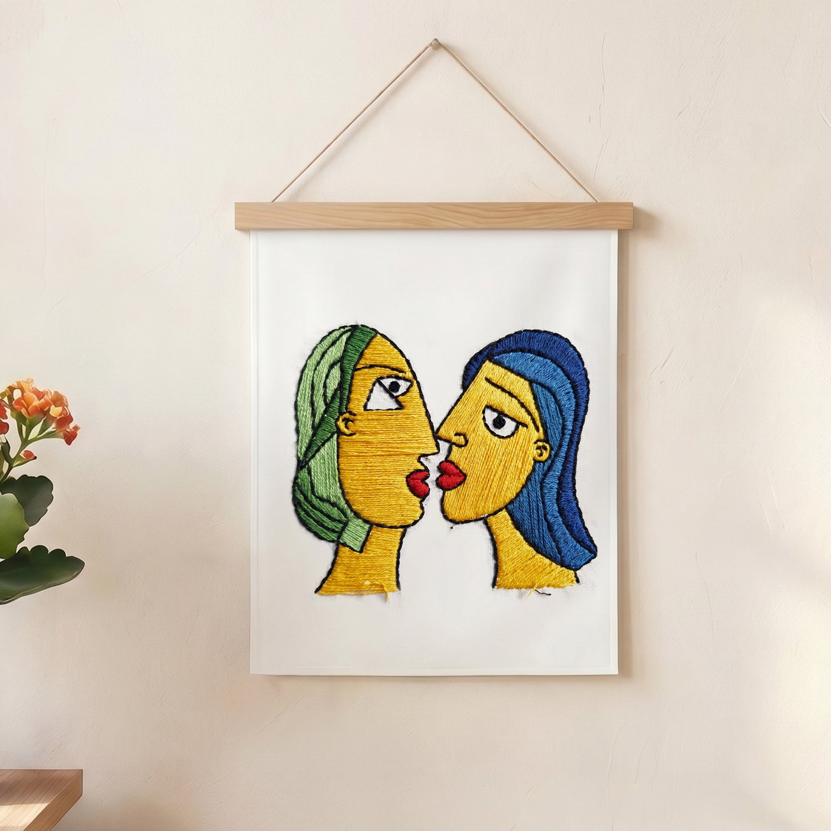 Modern artistic wall hanging featuring embroidered abstract faces.
