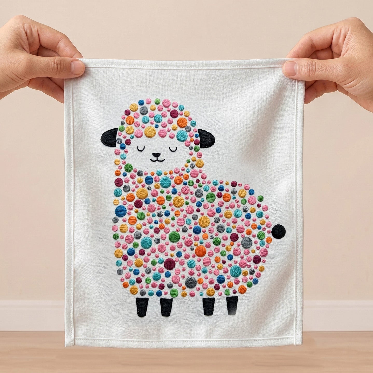 Cute colorful sheep embroidered wall art for nursery and kids room decor in UAE.