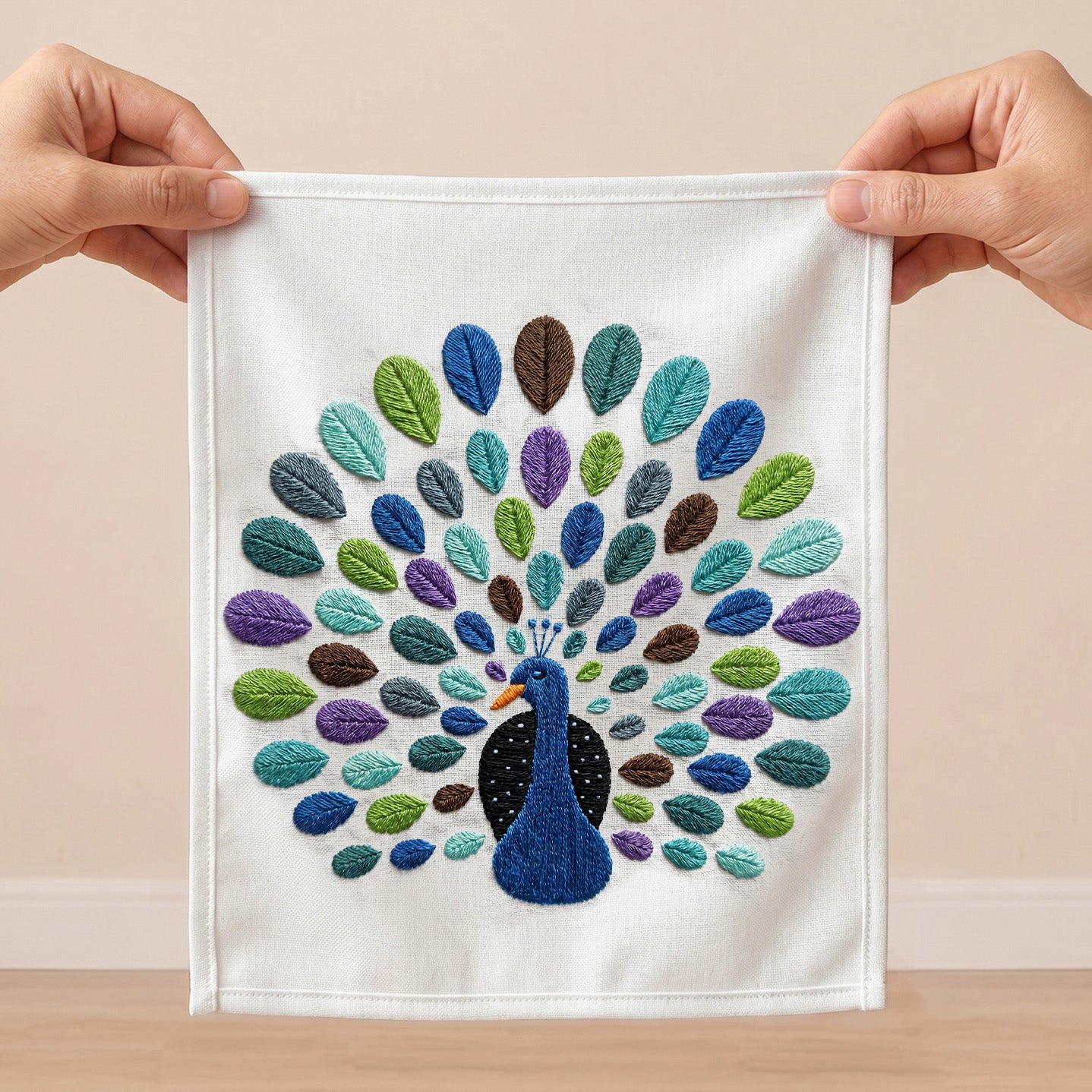 Colorful peacock embroidered wall art with blue, green, and purple feather patterns on a white textile background.