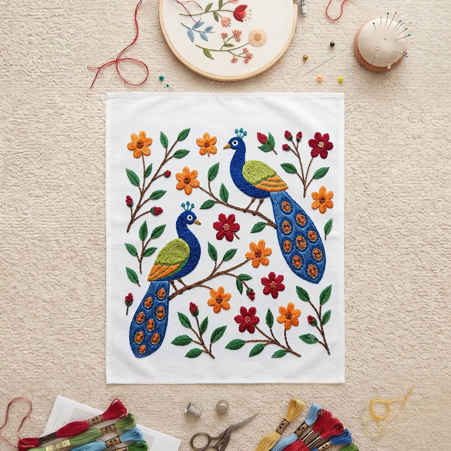 Decorative textile wall art with embroidered peacocks and vibrant floral patterns for modern home interiors.
