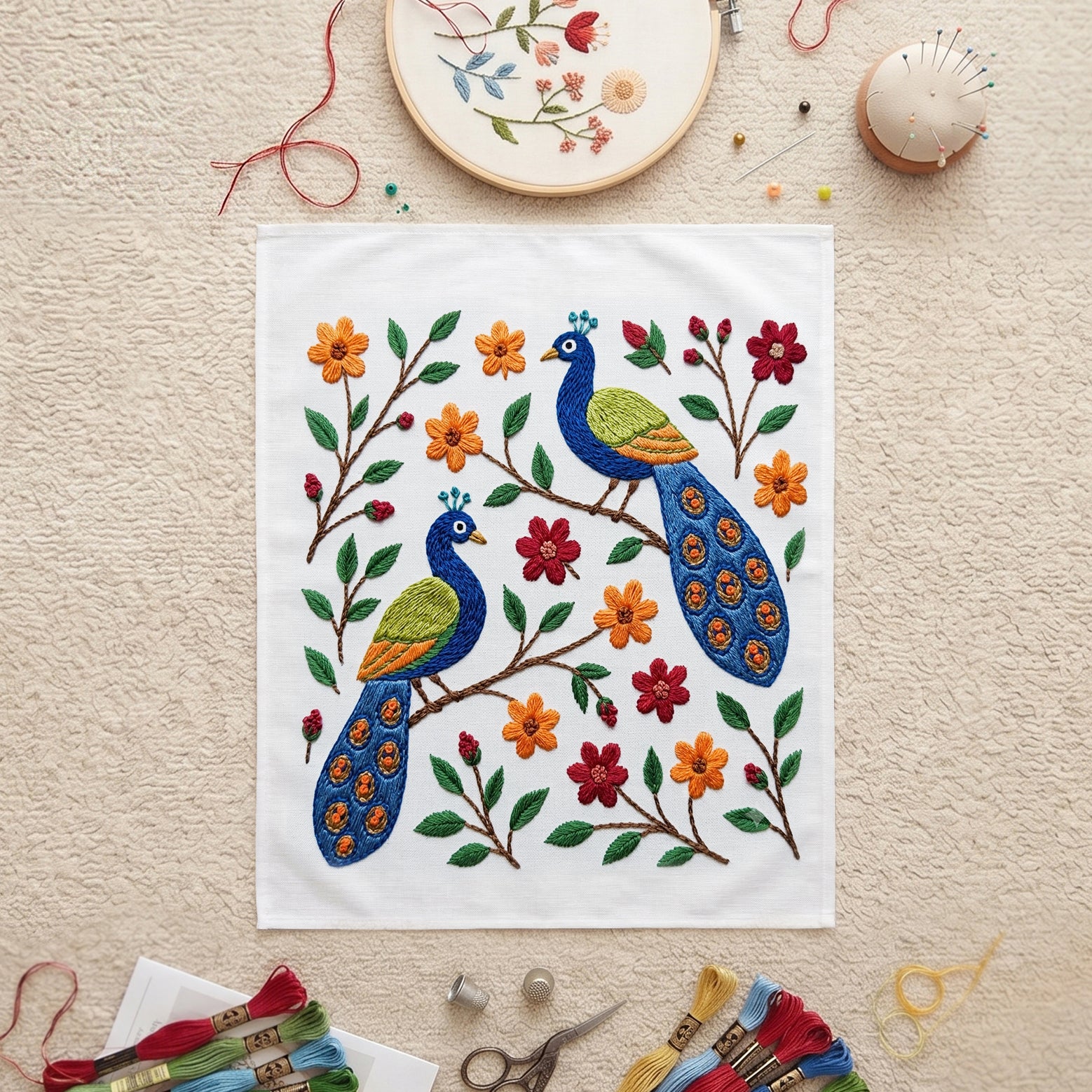 Decorative textile wall art with embroidered peacocks and vibrant floral patterns for modern home interiors.