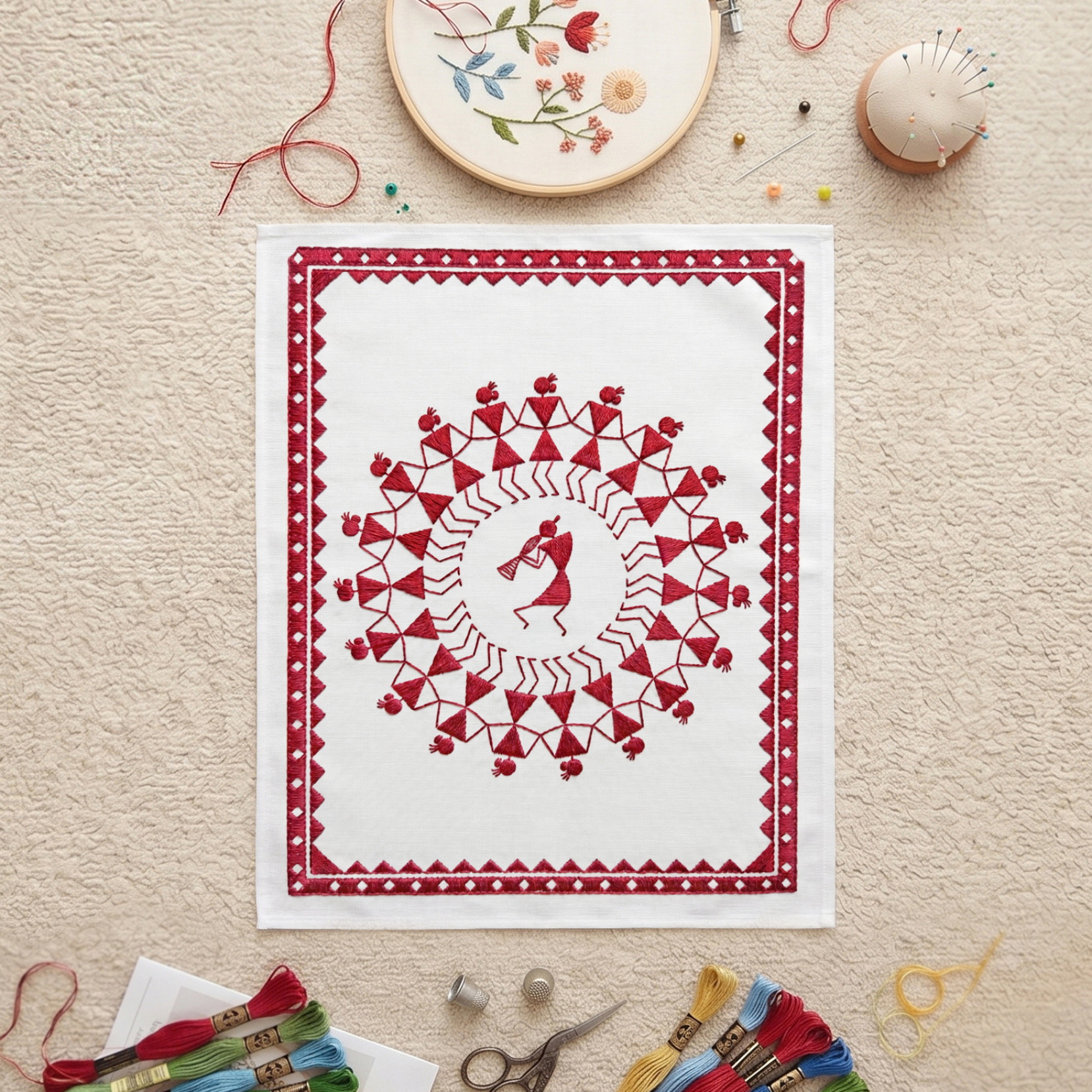 Decorative embroidered wall art featuring ethnic red motifs for modern UAE homes.