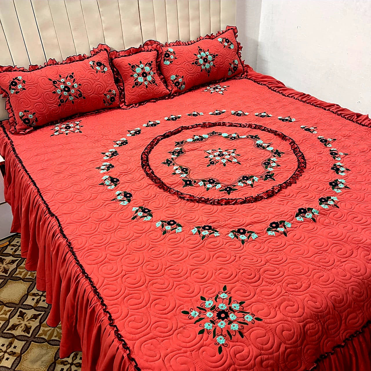 Floral Embroidered Bedding Set - Luxury Handcrafted Bedspread Set - Julanar Home Decor
