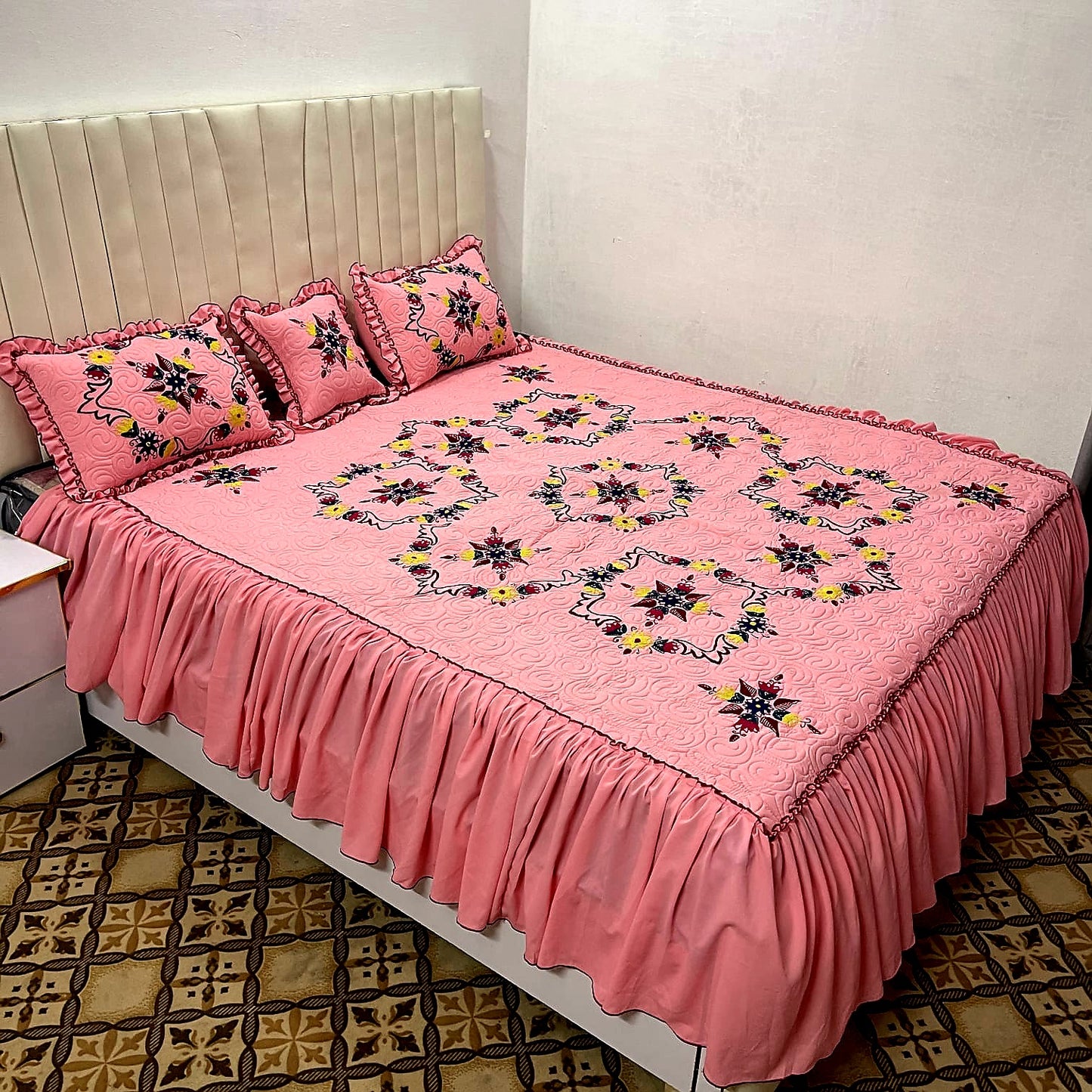 Floral Embroidered Bedding Set - Luxury Handcrafted Bedspread Set - Julanar Home Decor