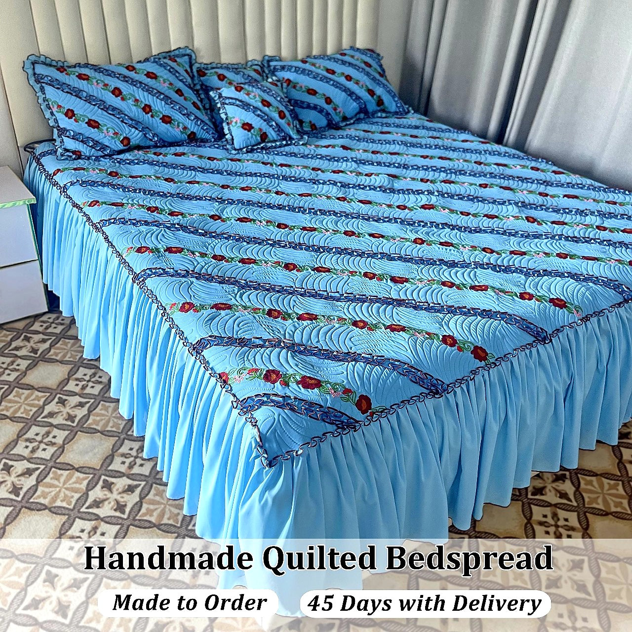 Luxury embroidered bed cover set for villas and hotels in Abu Dhabi and Dubai.