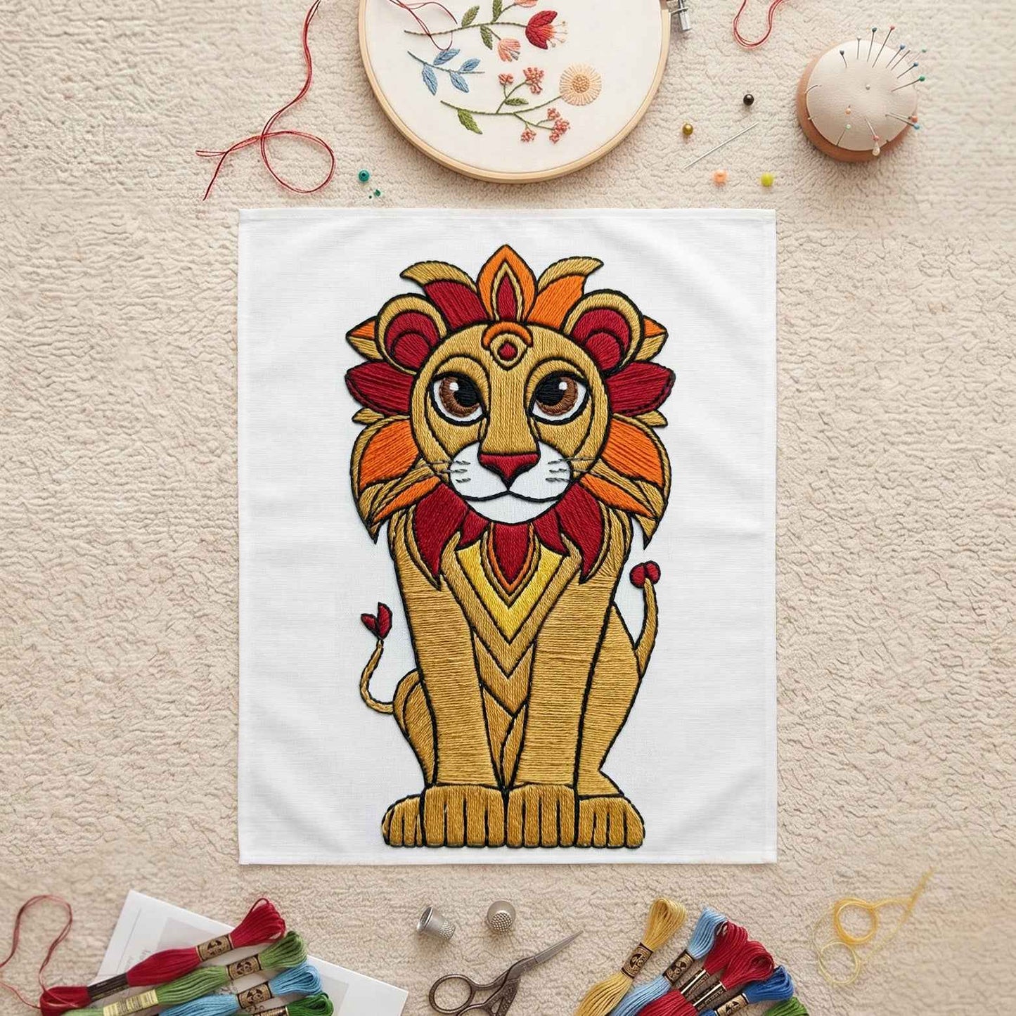 Lion Embroidered Wall Art - Handmade Decor for Your Space - Julanar Home Decor