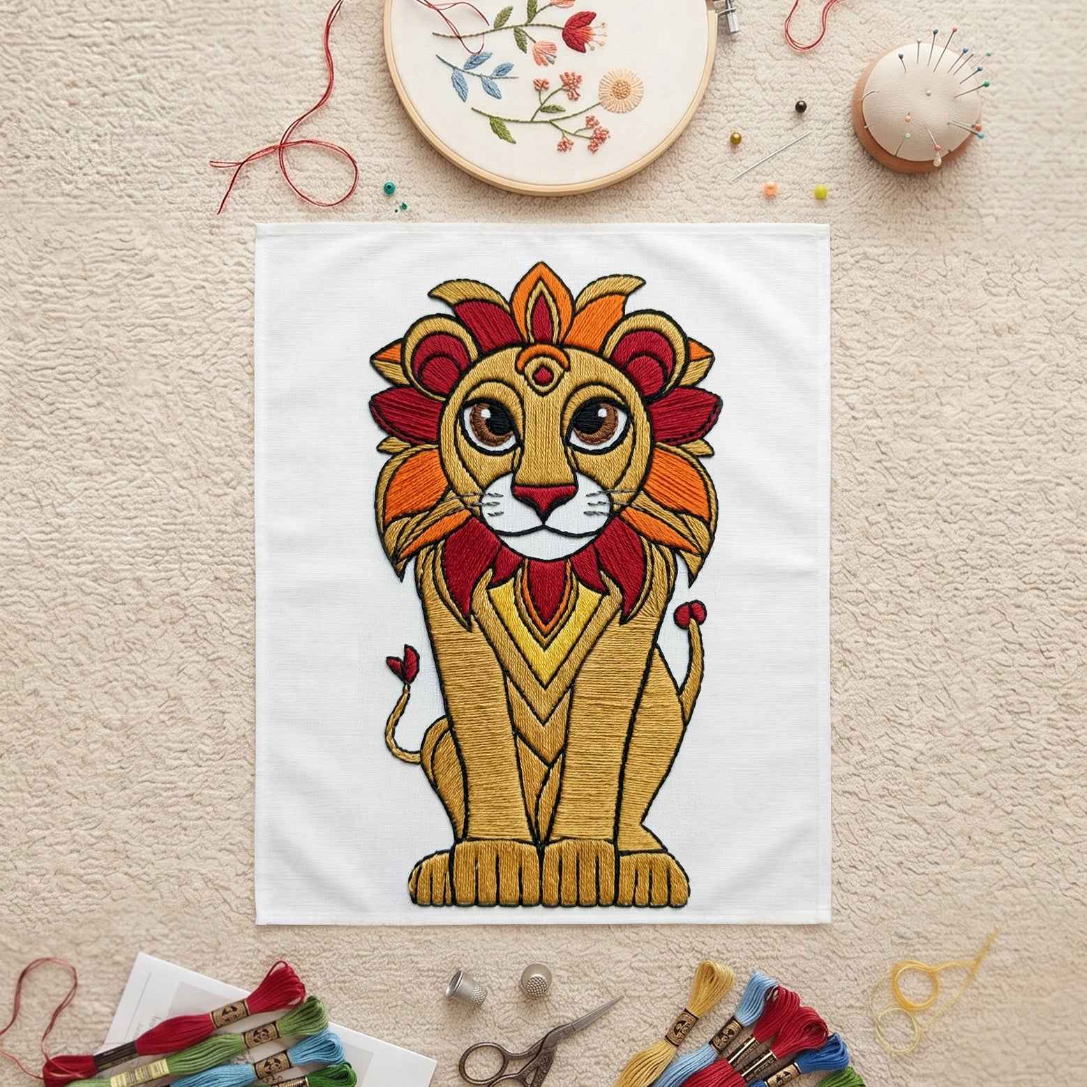 Lion Embroidered Wall Art - Handmade Decor for Your Space - Julanar Home Decor
