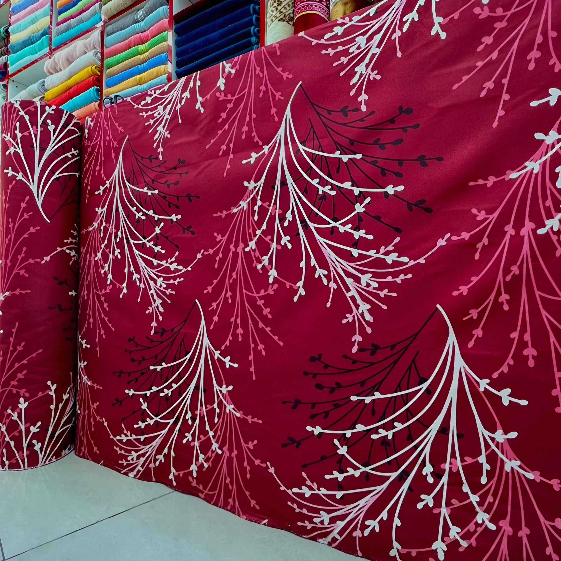 Red Bedsheet Roll Wholesale | Burgundy Leaf Print Cotton Blend Fabric - Julanar Home Decor