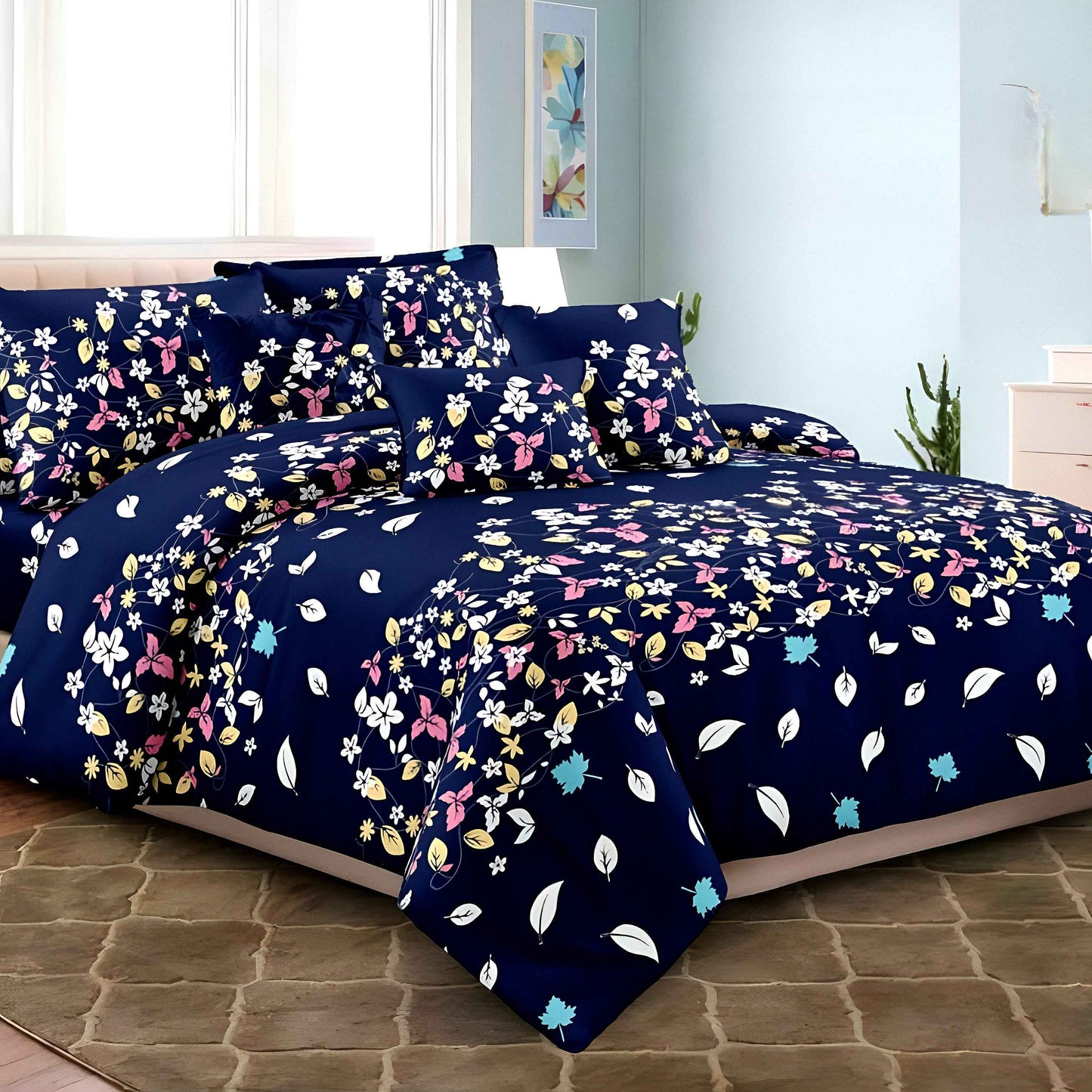 Luxury Navy Floral Cotton Bedsheet Set | Soft Bedding UAE