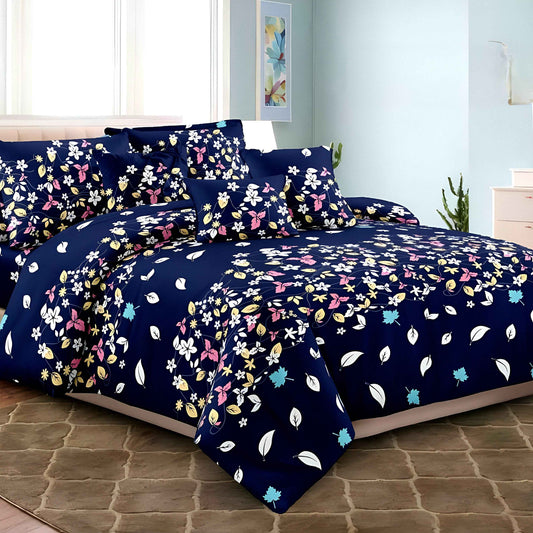 Luxury Navy Floral Cotton Bedsheet Set | Soft Bedding UAE