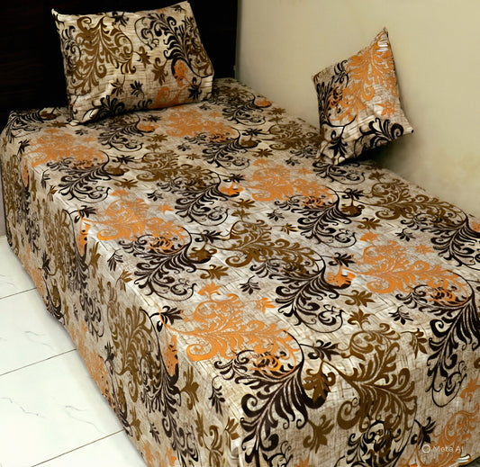 Marjan3x luxury 100% cotton bedsheet set on single bed with beige, brown and orange floral damask pattern — full view.