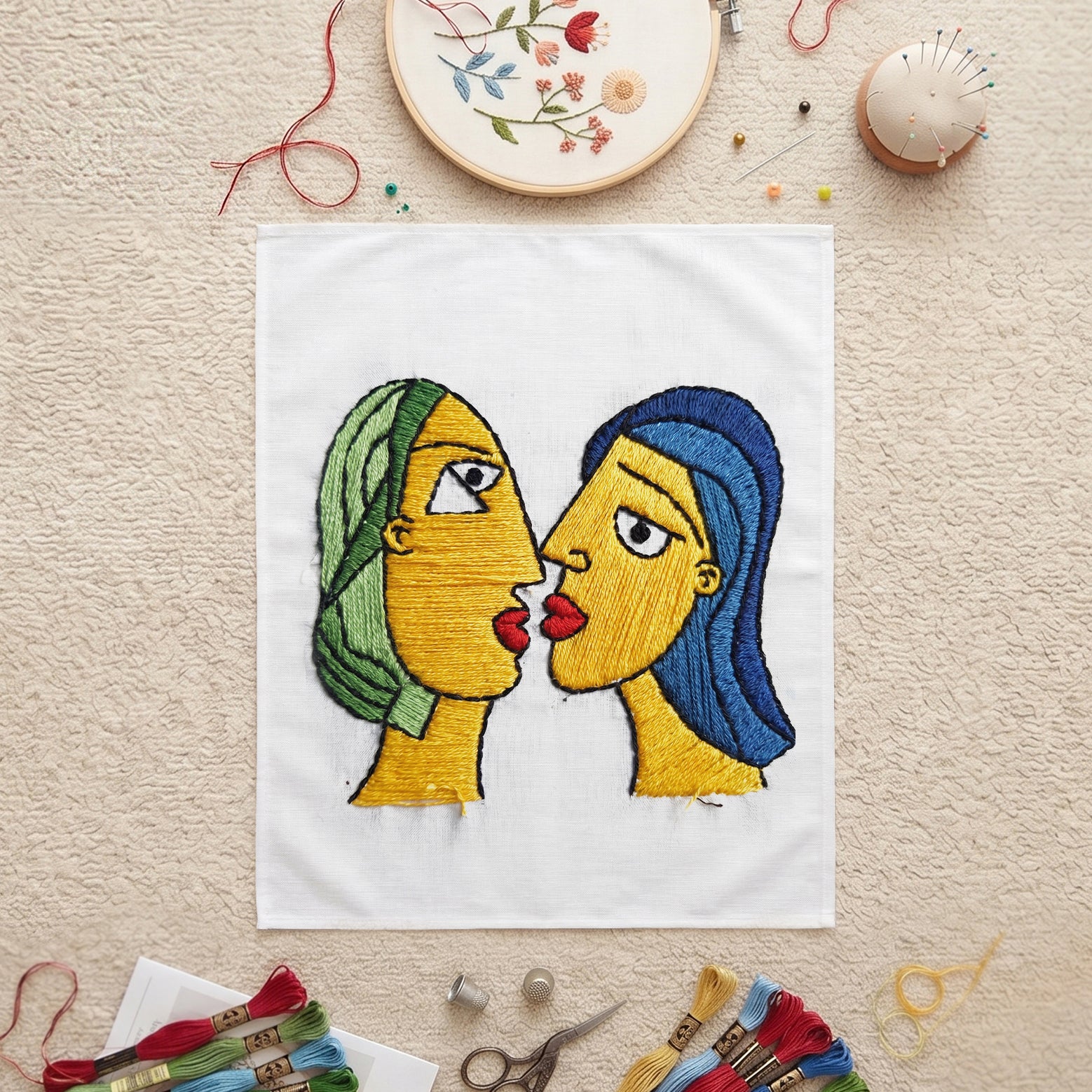 Abstract embroidered face wall art with colorful handmade textile design.
