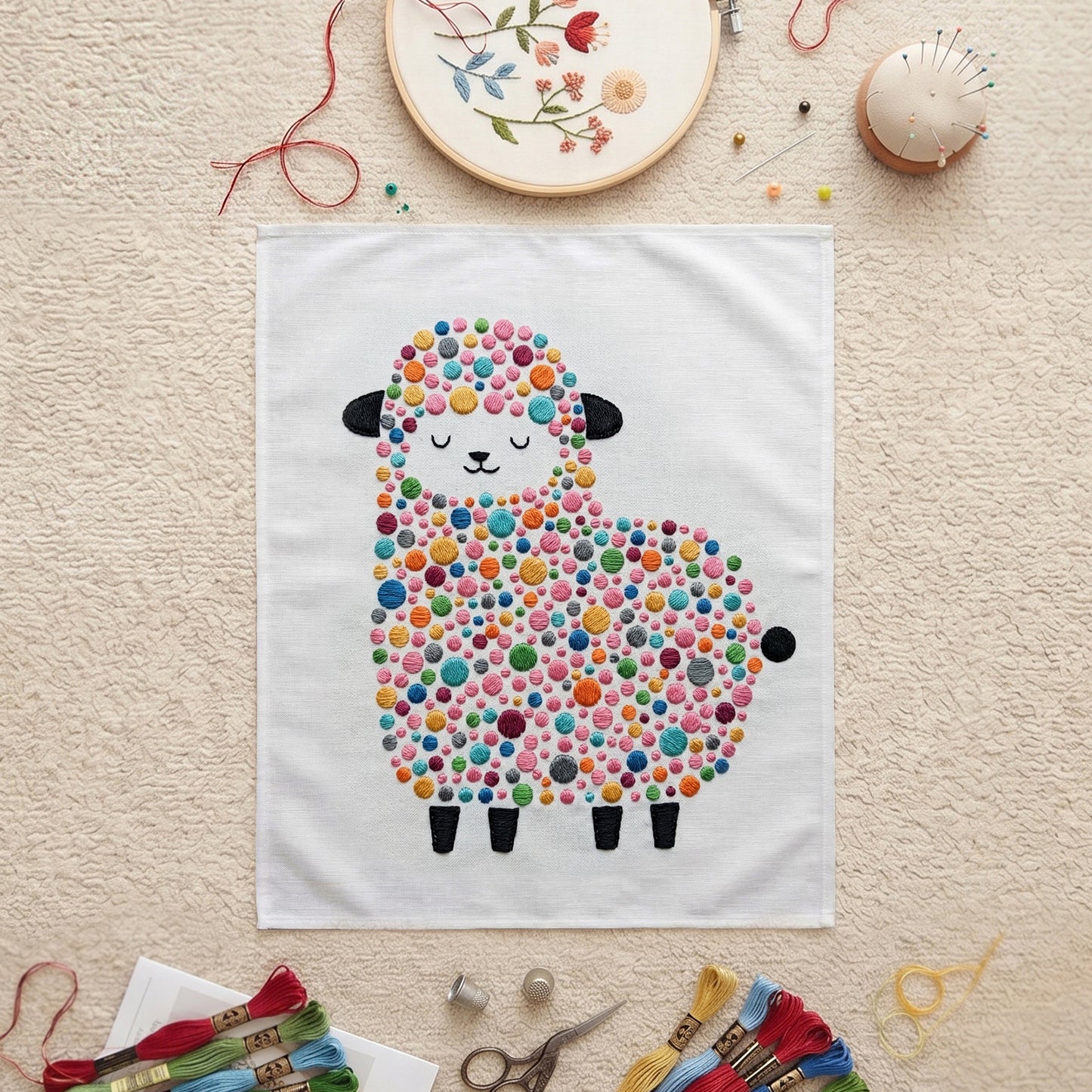 Embroidered sheep fabric wall art with colorful dots for modern nursery decor in Dubai.