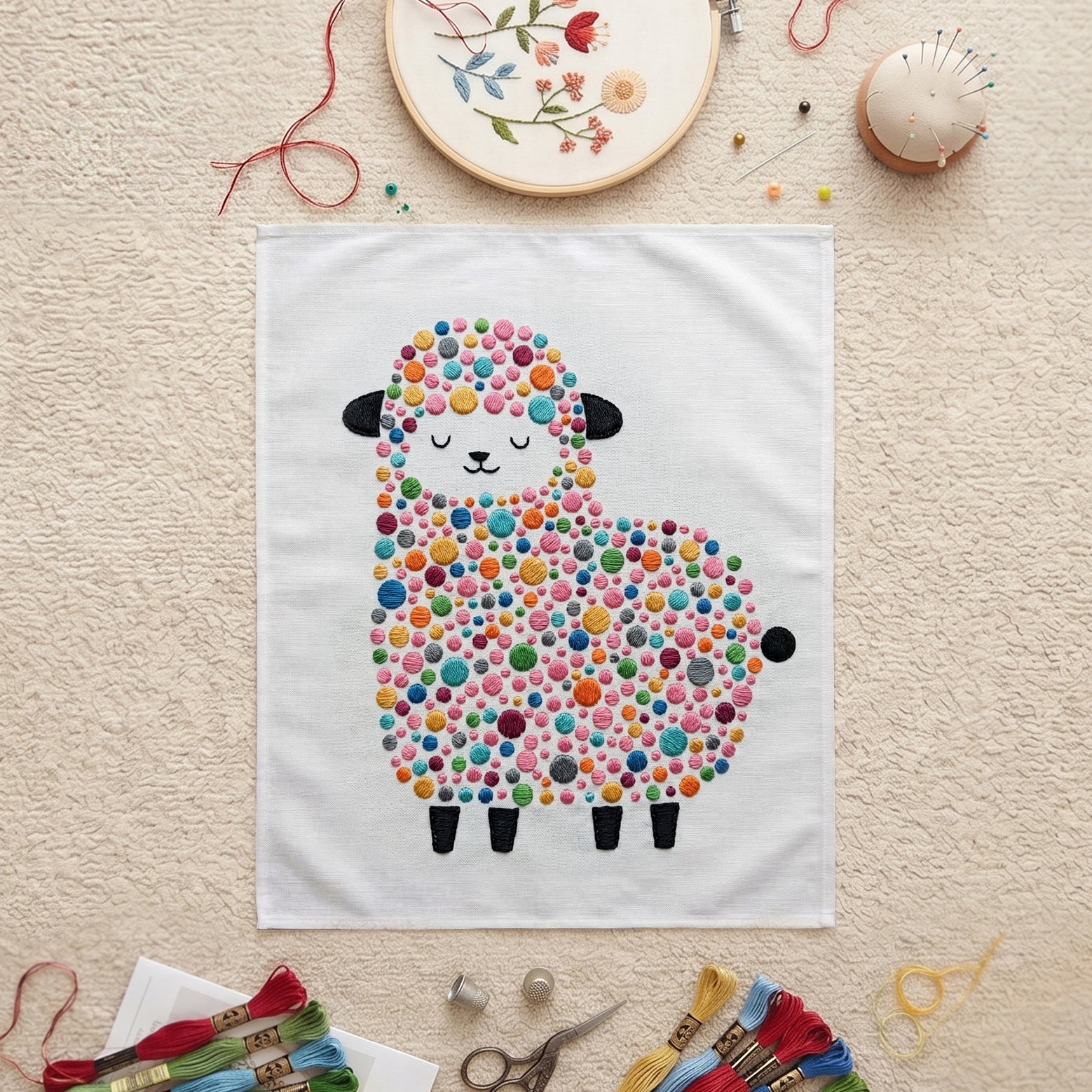 Embroidered sheep fabric wall art with colorful dots for modern nursery decor in Dubai.