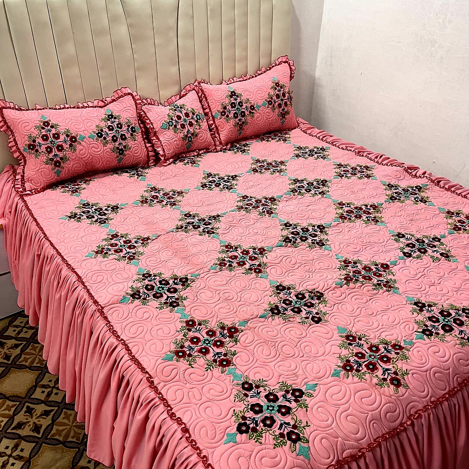 Floral Embroidered Bedding Set - Luxury Handcrafted Bedspread Set - Julanar Home Decor
